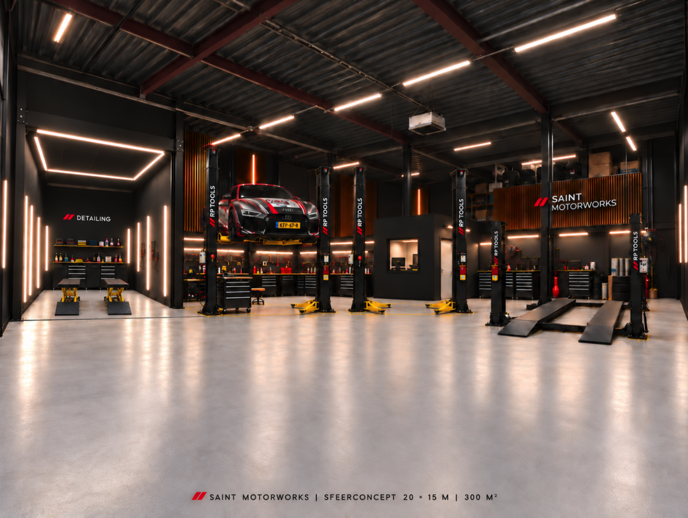 De werkplaats van Saint Motorworks in Almere met meerdere bruggen